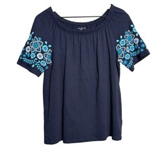 Talbots Womens Blouse M Petite Blue Cotton Embroidered Floral Off Shoulder Boho‎